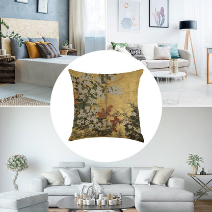 White Red Chrysanthemums Floral Japanese Gold Screen Print Linen Throw Pillow Cover