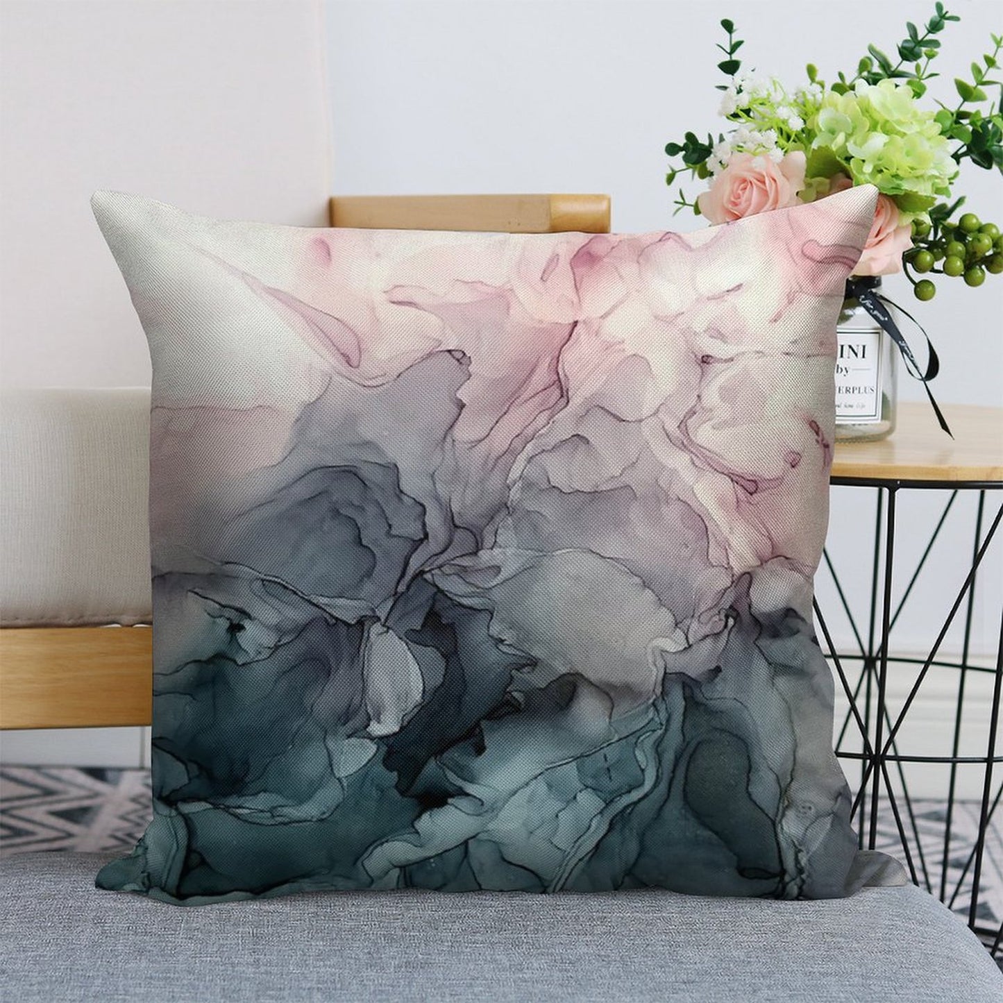 Blush And Payne's Grey Flowing Abstract Painting Linen Throw Pillow Cover