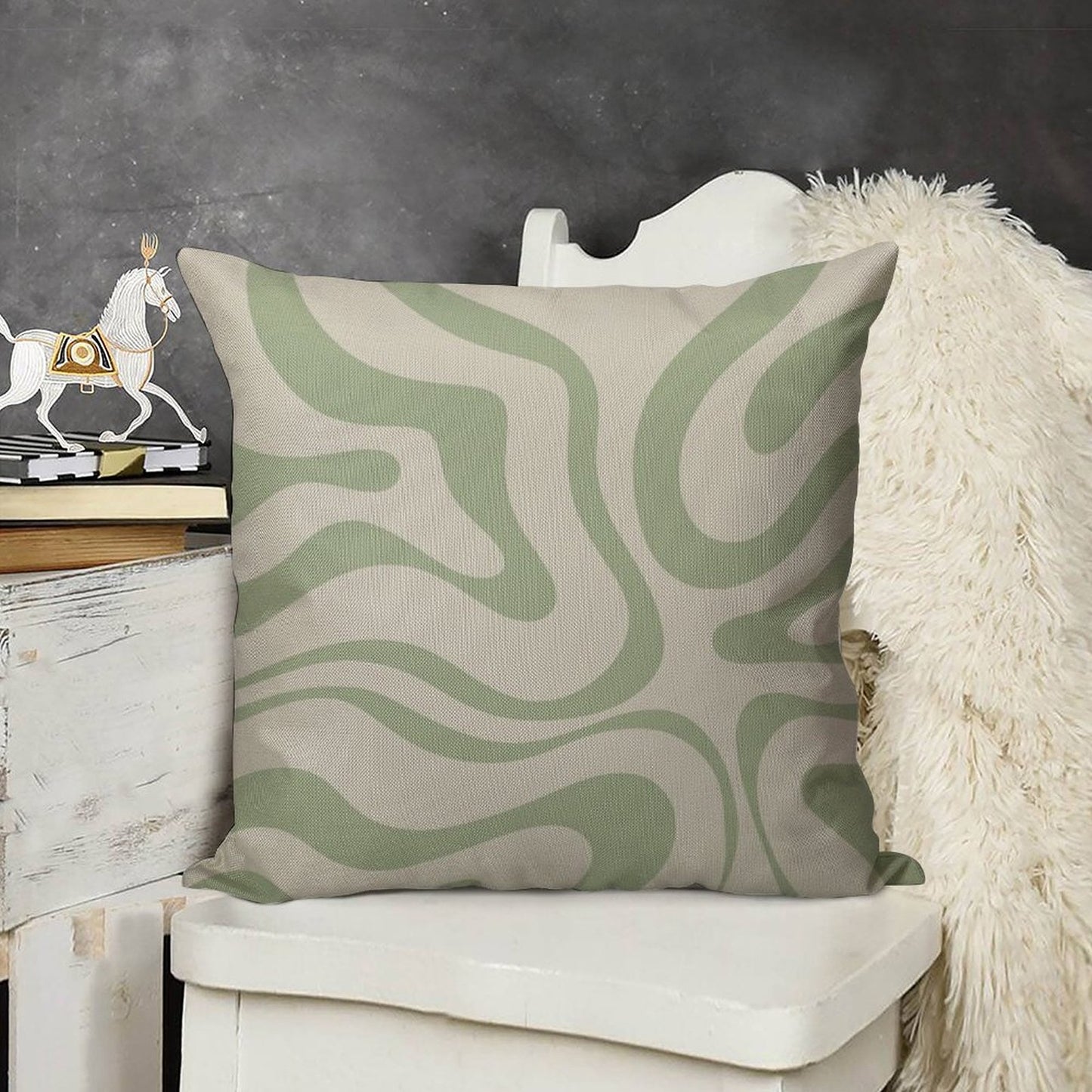 Liquid Swirl Abstract Pattern in Beige And Sage Green Linen Throw Pillow Cover