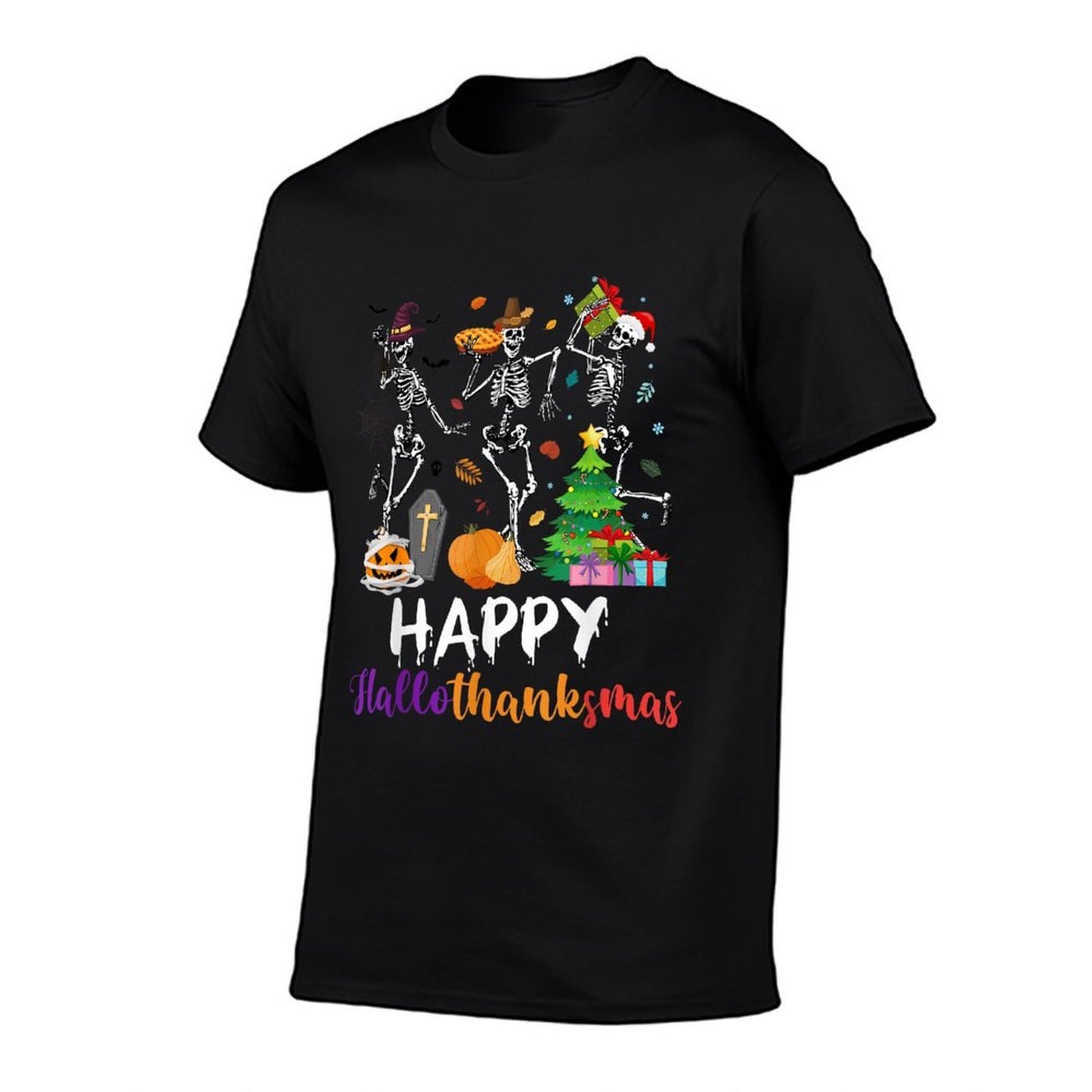Happy Hallothanksmas Skeleton Pumpkin Turkey Santa Dancing  Summer-ready Fabric T-Shirt