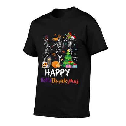 Happy Hallothanksmas Skeleton Pumpkin Turkey Santa Dancing  Summer-ready Fabric T-Shirt