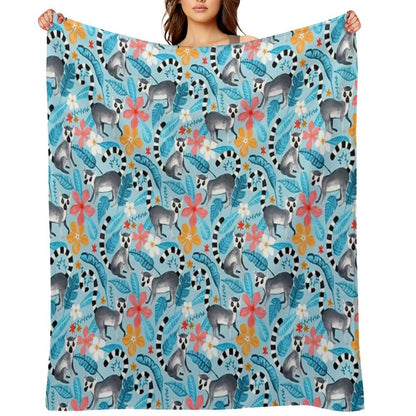 Gouache Lemur Land on Blue Throw Blanket