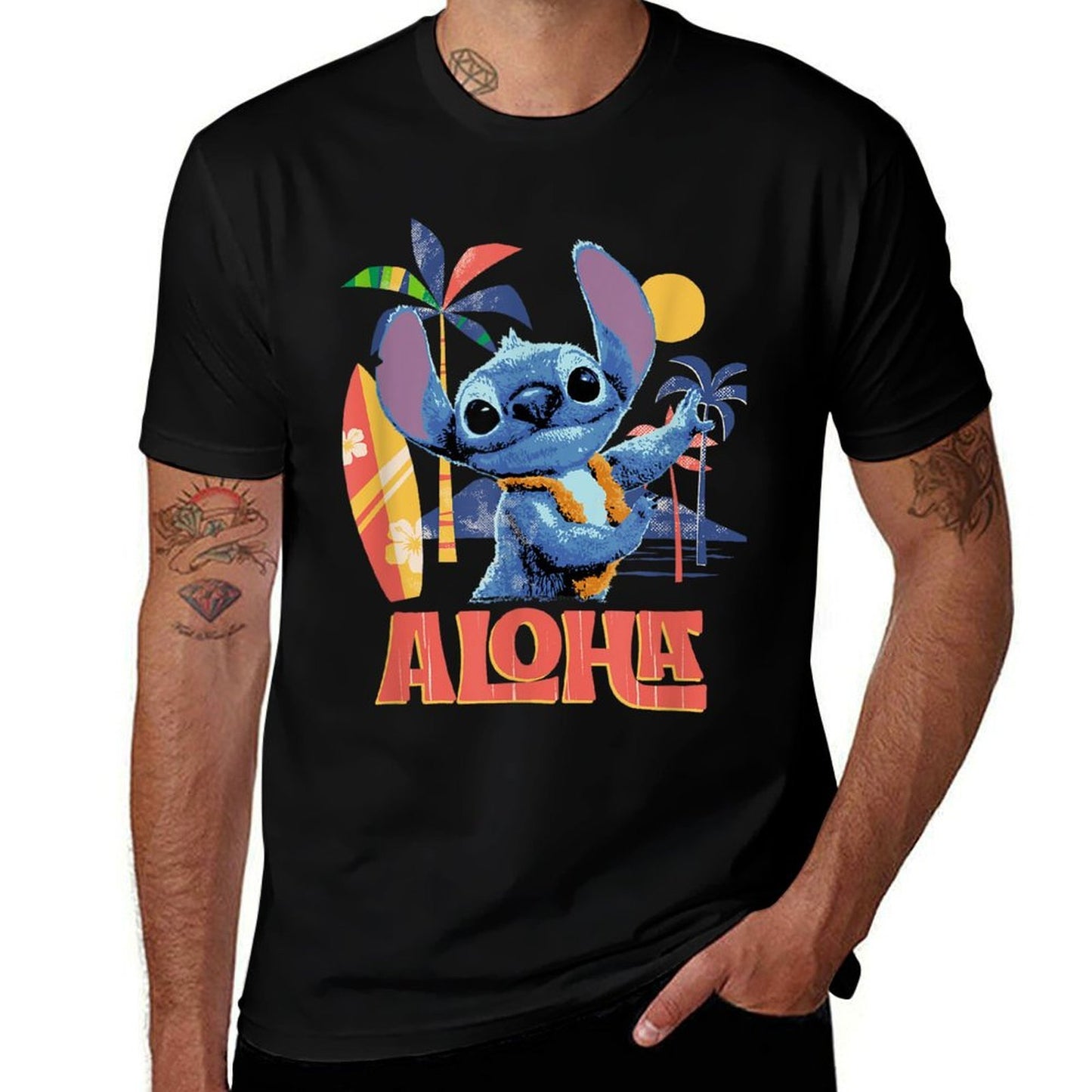 Disney Lilo & Stitch Aloha Hula Dance Distressed  Ribbed Collar T-Shirt