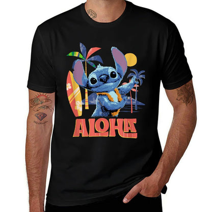Disney Lilo & Stitch Aloha Hula Dance Distressed  Ribbed Collar T-Shirt