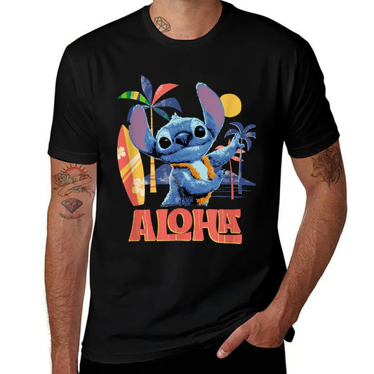 Disney Lilo & Stitch Aloha Hula Dance Distressed  Ribbed Collar T-Shirt