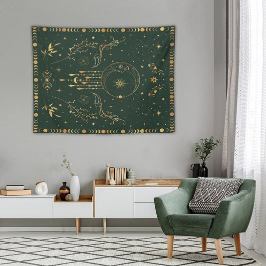 Sage Green And Gold Celestial Crescent Moon with Floral Accents And Moon Phase Tie Dye Tapestry