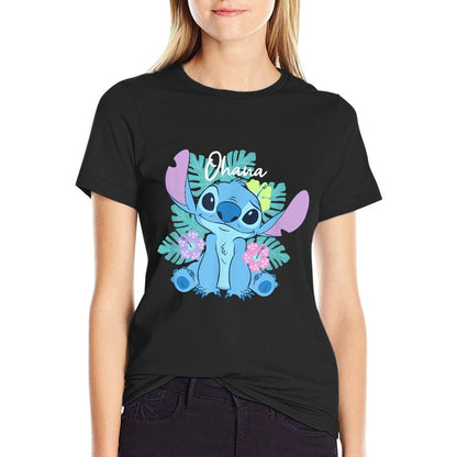 Disney Lilo  Stitch Ohana Adorable Pose Floral Logo  Versatile T-Shirt