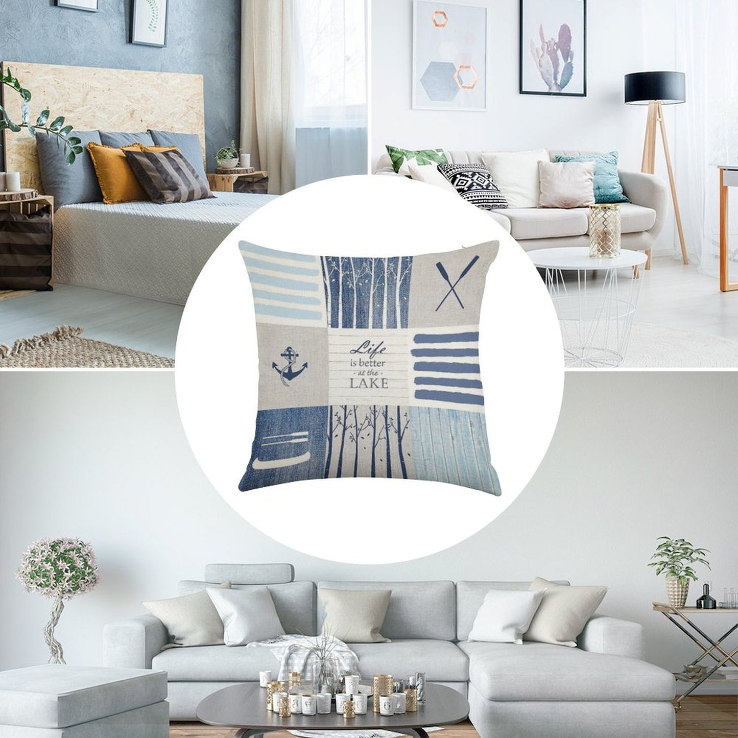 Life Is Better at The Lake Patchwork Linen Throw Pillow Cover