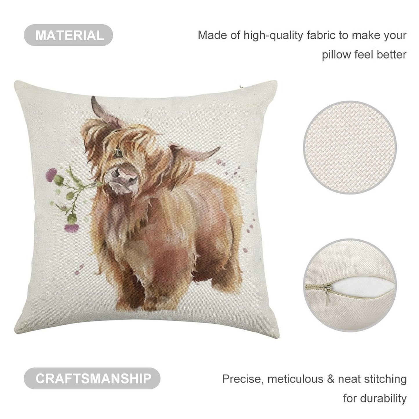 Highland Cow Linen Throw Pillow Cover