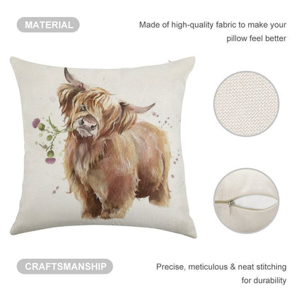 Highland Cow Linen Throw Pillow Cover