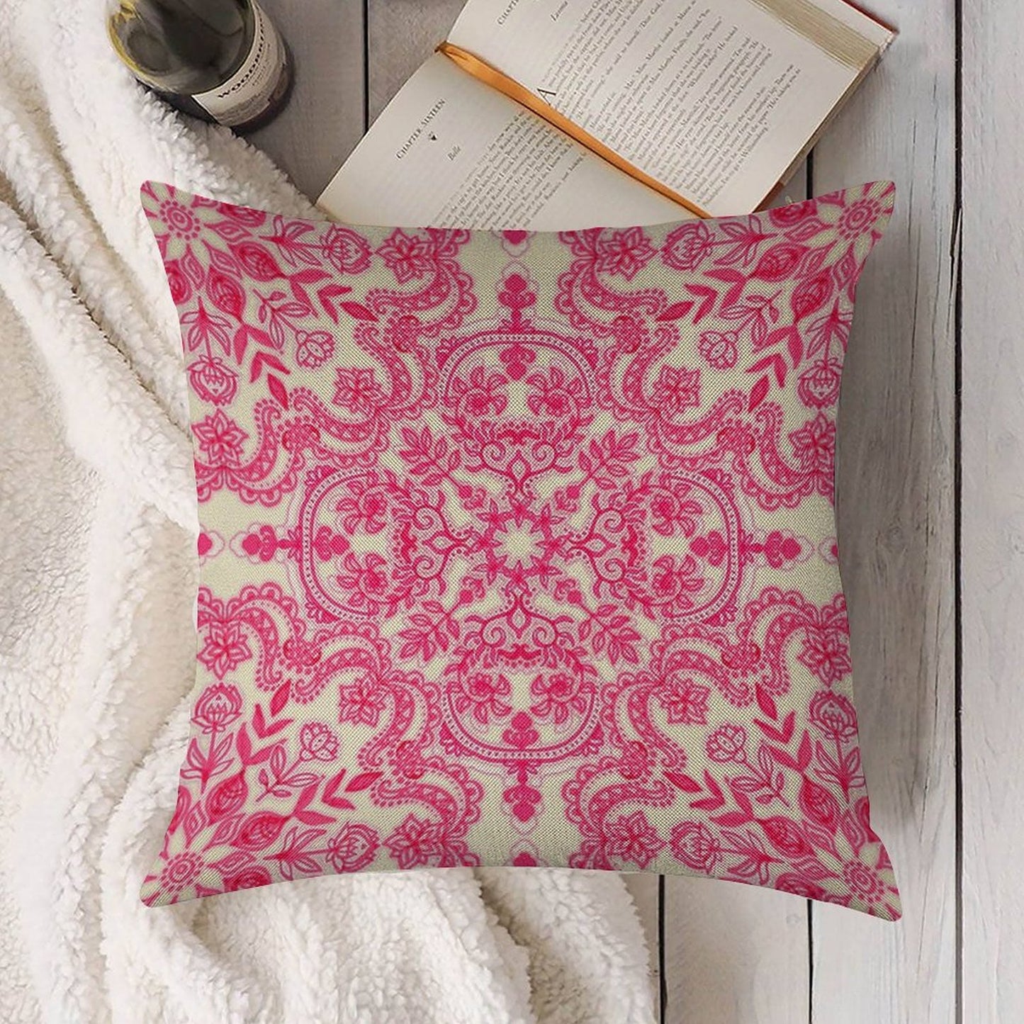 Hot Pink & Soft Cream Folk Art Pattern Linen Throw Pillow Cover