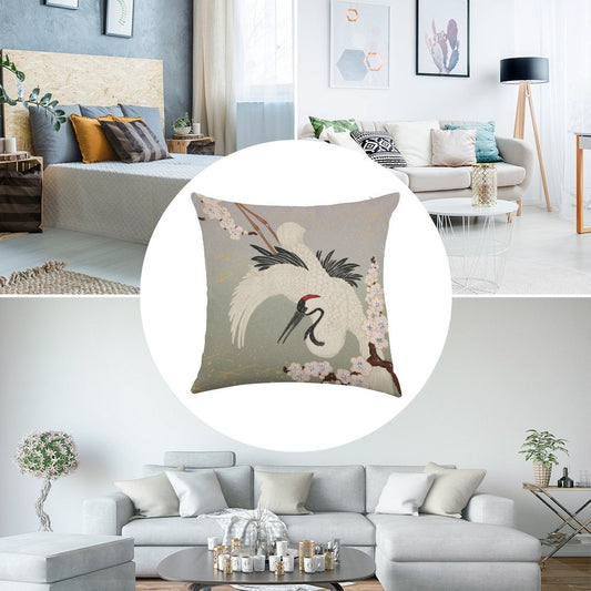 Japanese Crane Linen Throw Pillow Cover