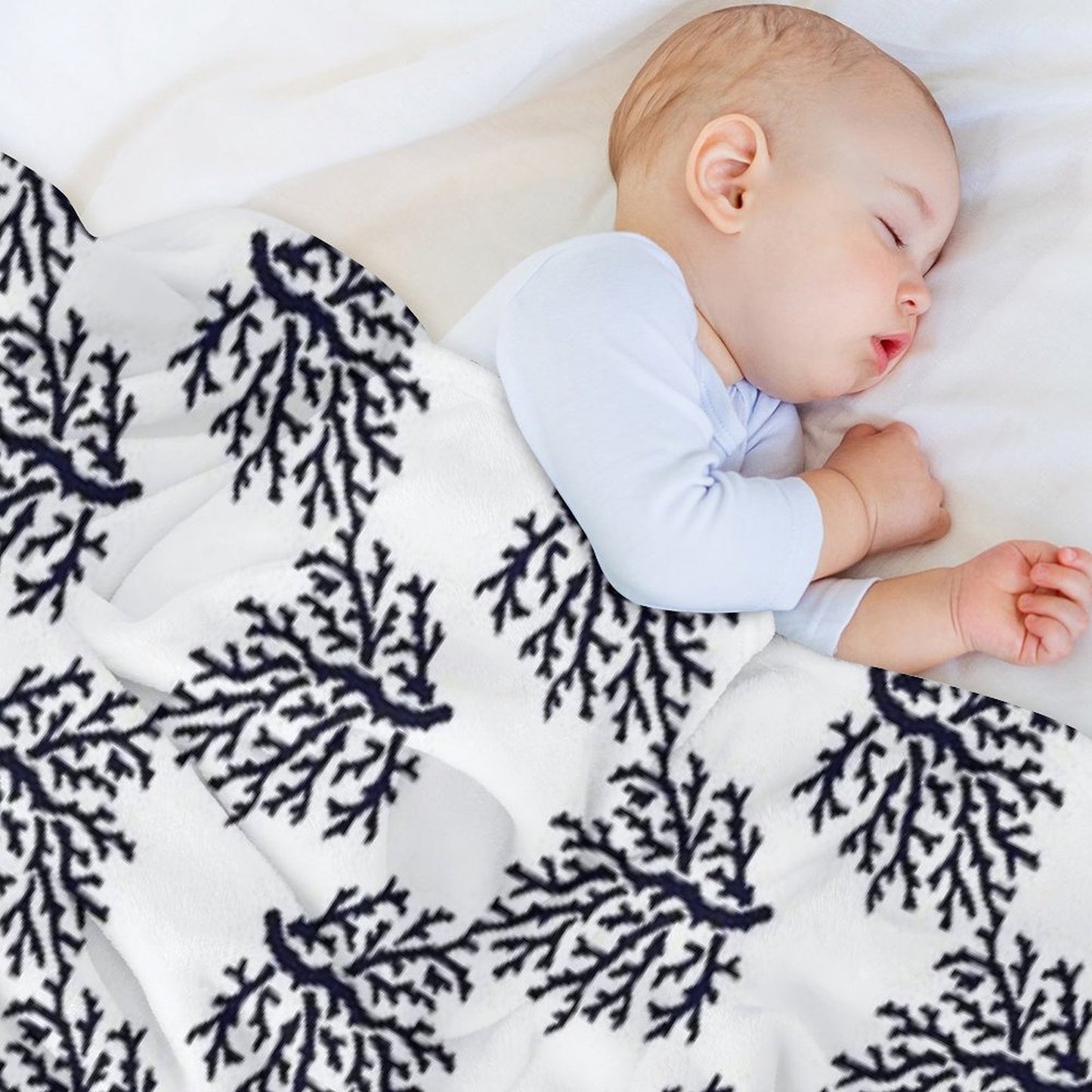 White And Navy Blue Corals Pattern Throw Blanket