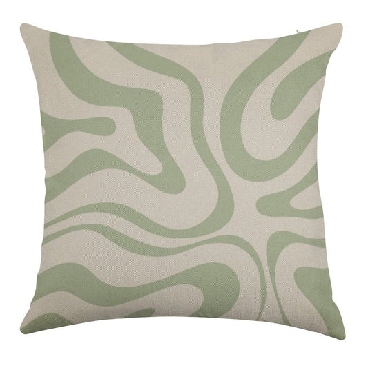 Liquid Swirl Abstract Pattern in Beige And Sage Green Linen Throw Pillow Cover