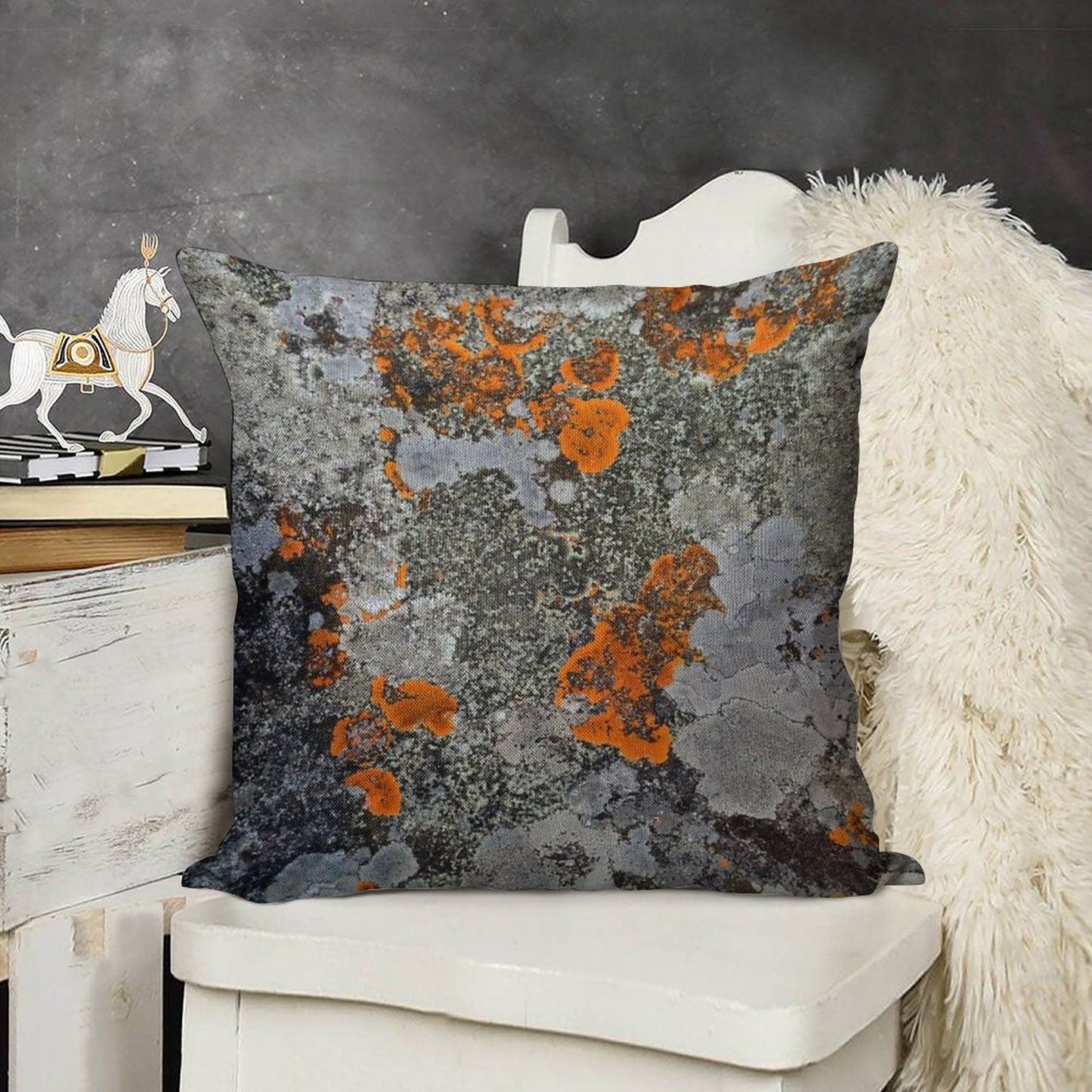 Orange And Grey Lichen Linen Throw Pillow Cover