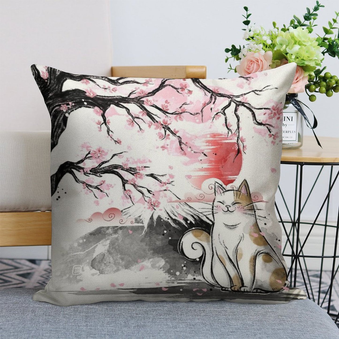 Sakura Cat Linen Throw Pillow Cover