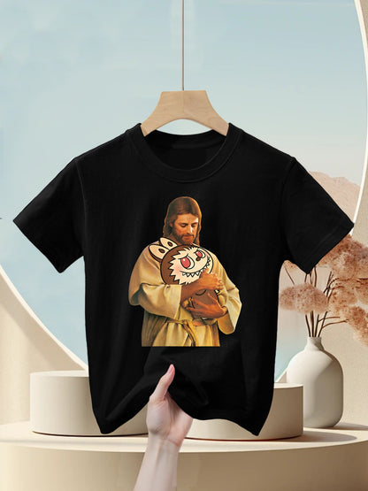 Womens Funny Meme Labubu Lover Cute Jesus Holding Labubu Joke Humor Kids T-Shirt