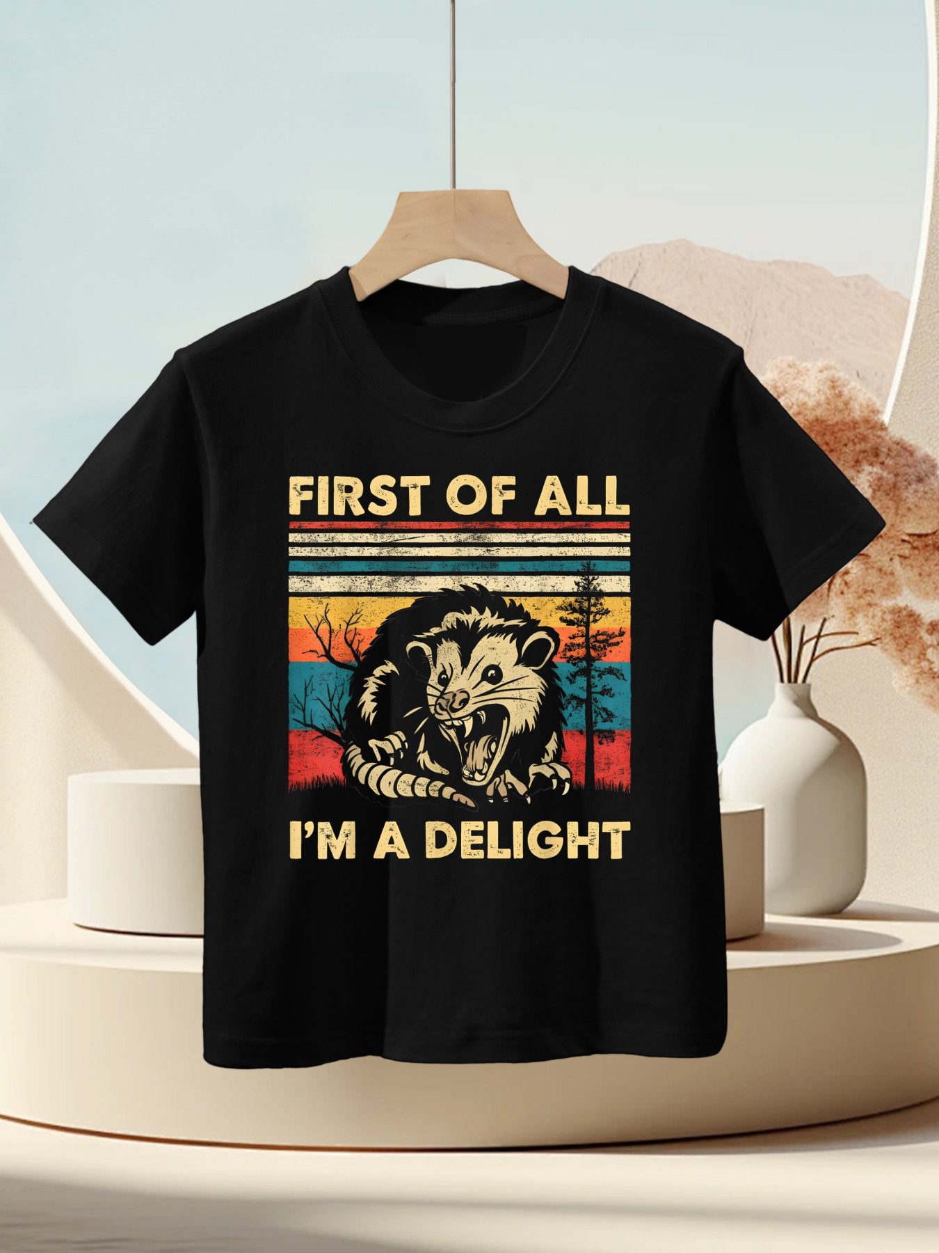 First Of All I'm A Delight Sarcastic Angry Opossum Possum, Small, Black Kids T-Shirt