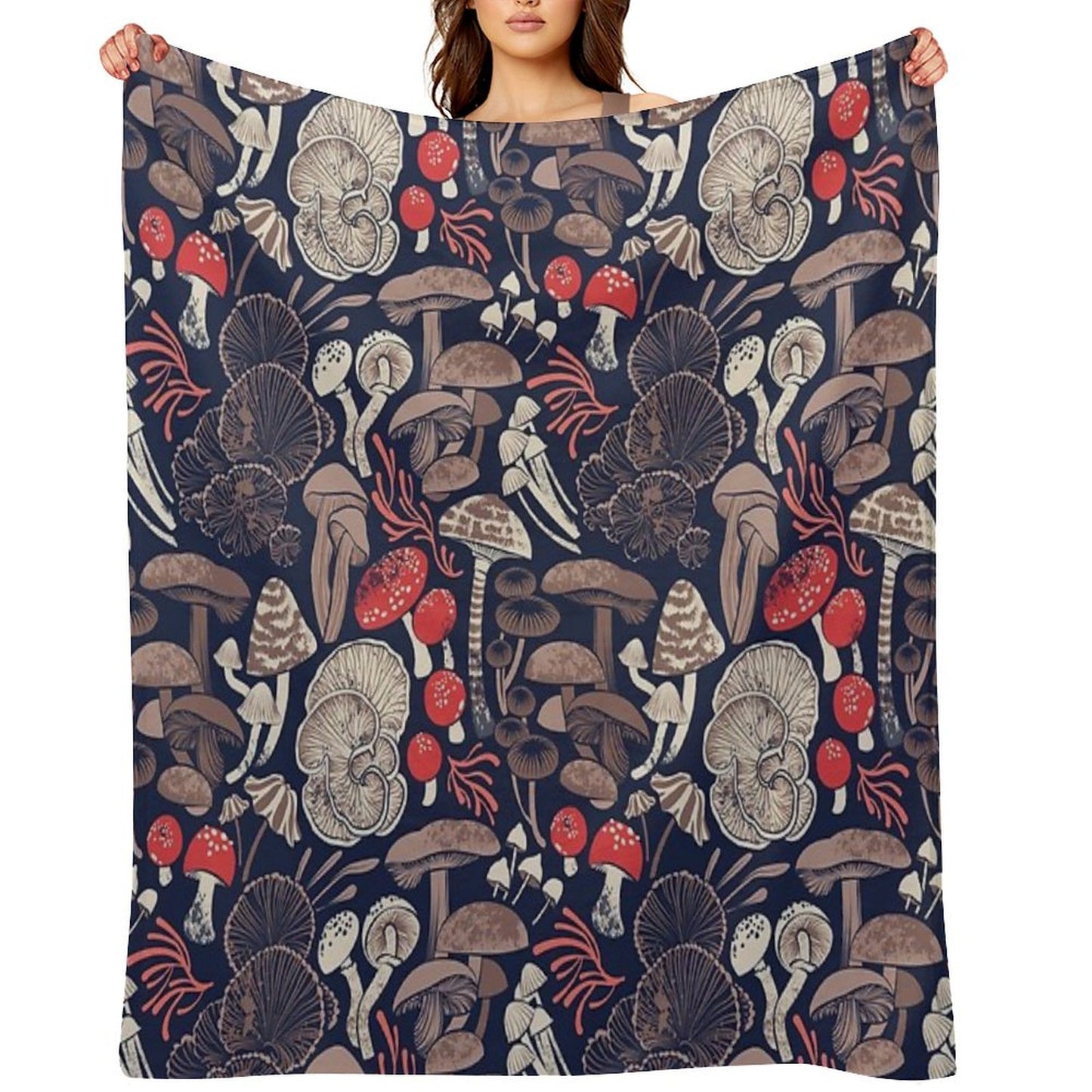 Mystical Fungi  Midnight Blue Background Brown Red And Coral Wild Mushrooms Throw Blanket