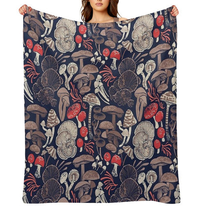 Mystical Fungi  Midnight Blue Background Brown Red And Coral Wild Mushrooms Throw Blanket