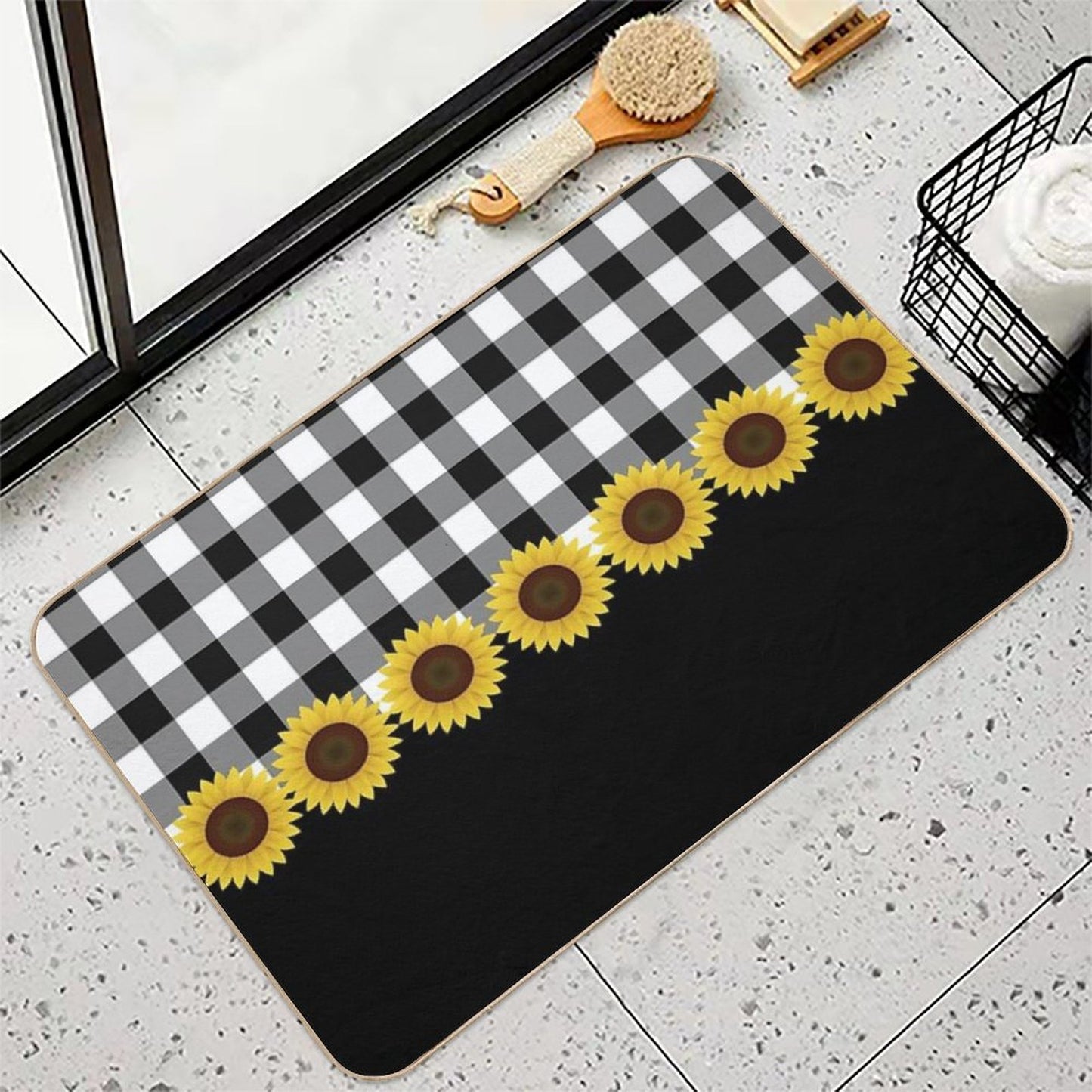 Black White Buffalo Plaid & Yellow Sunflower Bath Mat