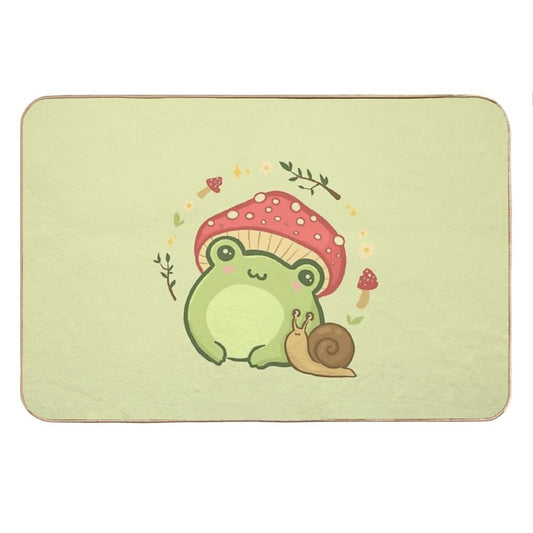 Cute Kawaii Frog with Toadstool Mushroom Hat And Snail Cottagecore Aesthetic Love Bath Mat