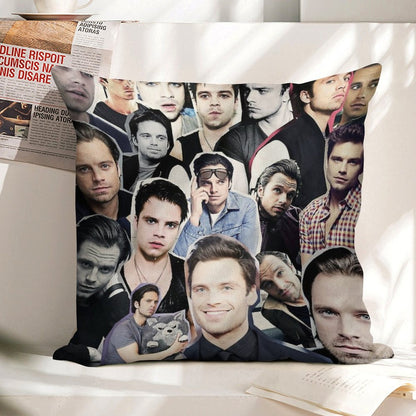 Sebastian Stan Collage Linen Throw Pillow Cover