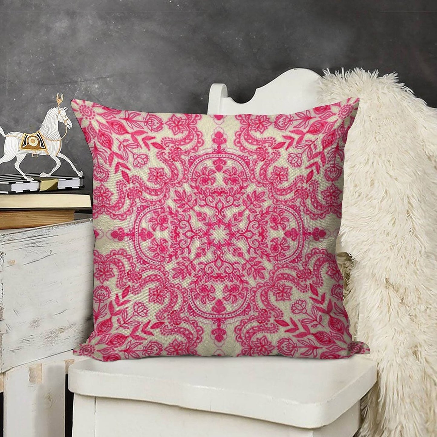 Hot Pink & Soft Cream Folk Art Pattern Linen Throw Pillow Cover