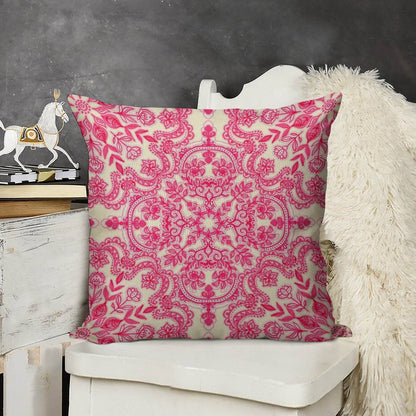 Hot Pink & Soft Cream Folk Art Pattern Linen Throw Pillow Cover