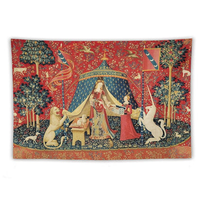 LADY AND THE UNICORN DESIRE ,Lion,Fantasy Flowers,Animals,Red Green Floral Tapestry Tapestry