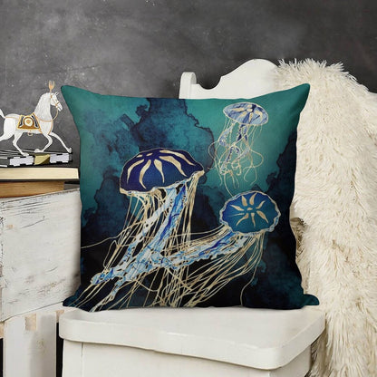 Metallic Jellyfish III Linen Throw Pillow Cover
