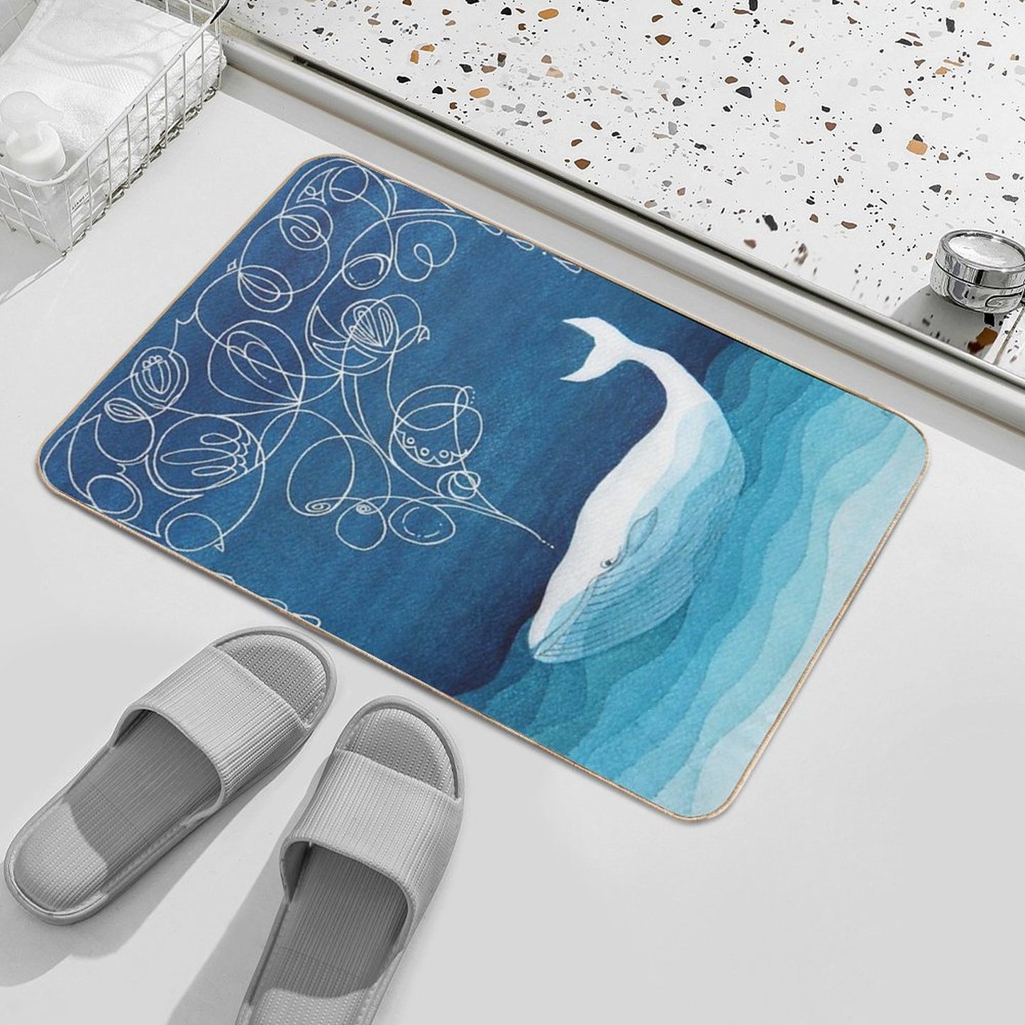 Happy Whale, Animals, Sea Creature, Teal Blue Watercolor Bath Mat