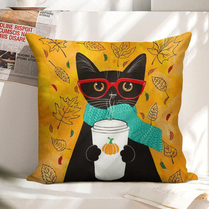 Autumn Pumpkin Coffee Cat Linen Throw Pillow Cover