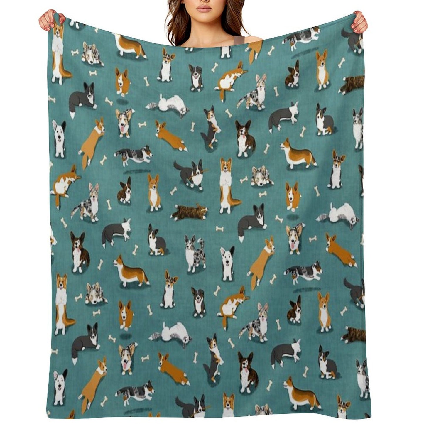 Cardigan Corgi Pattern on Teal Throw Blanket