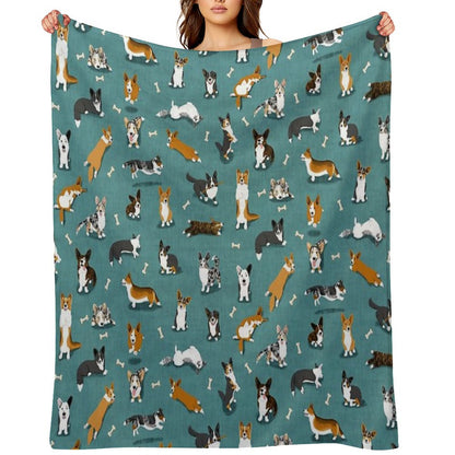 Cardigan Corgi Pattern on Teal Throw Blanket