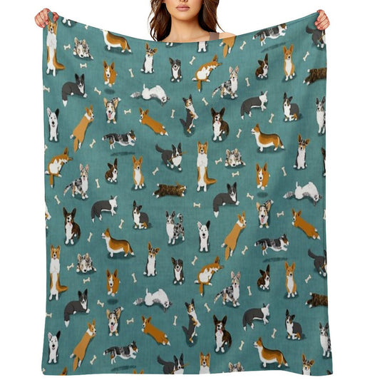 Cardigan Corgi Pattern on Teal Throw Blanket