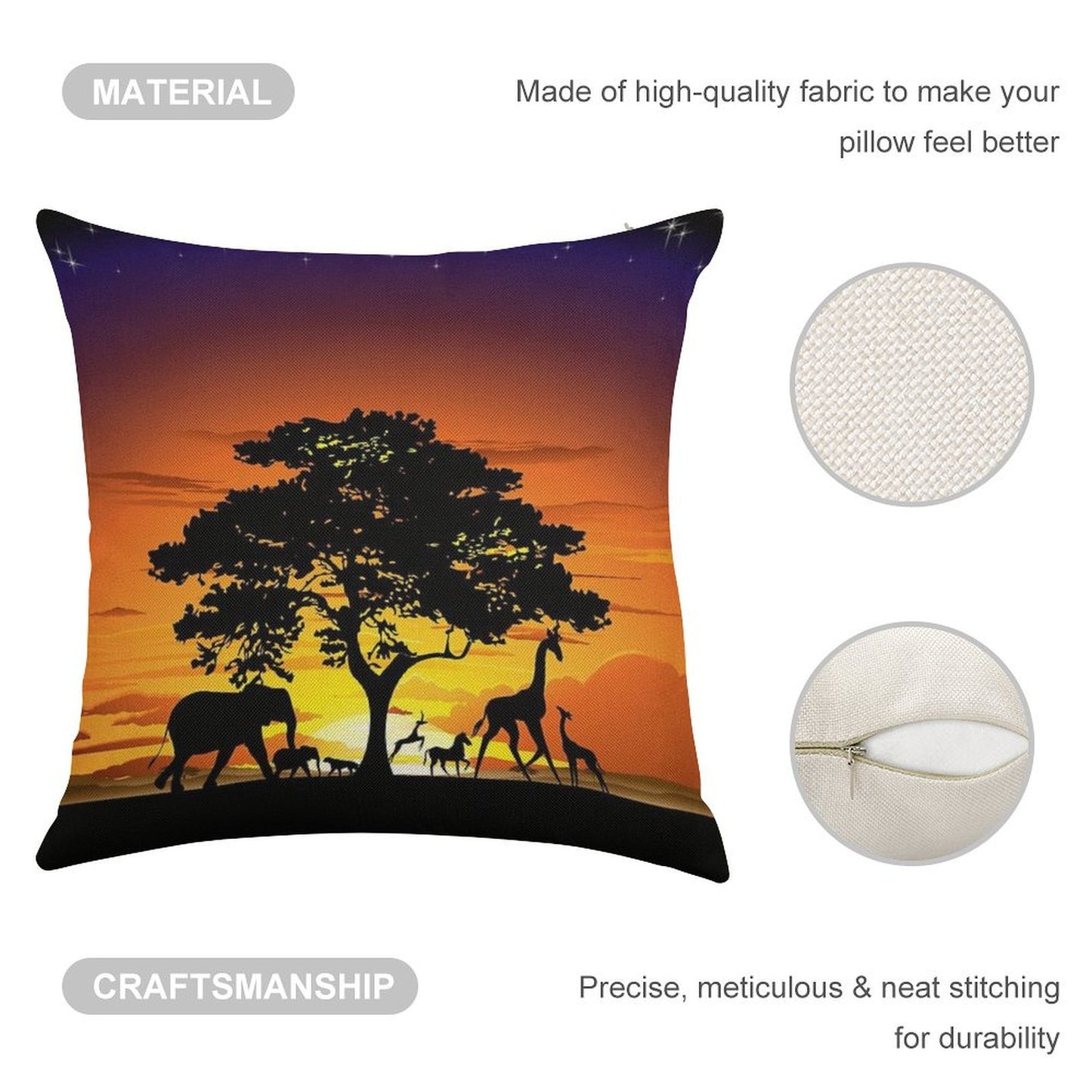 Wild Animals on African Savanna Sunset Linen Throw Pillow Cover