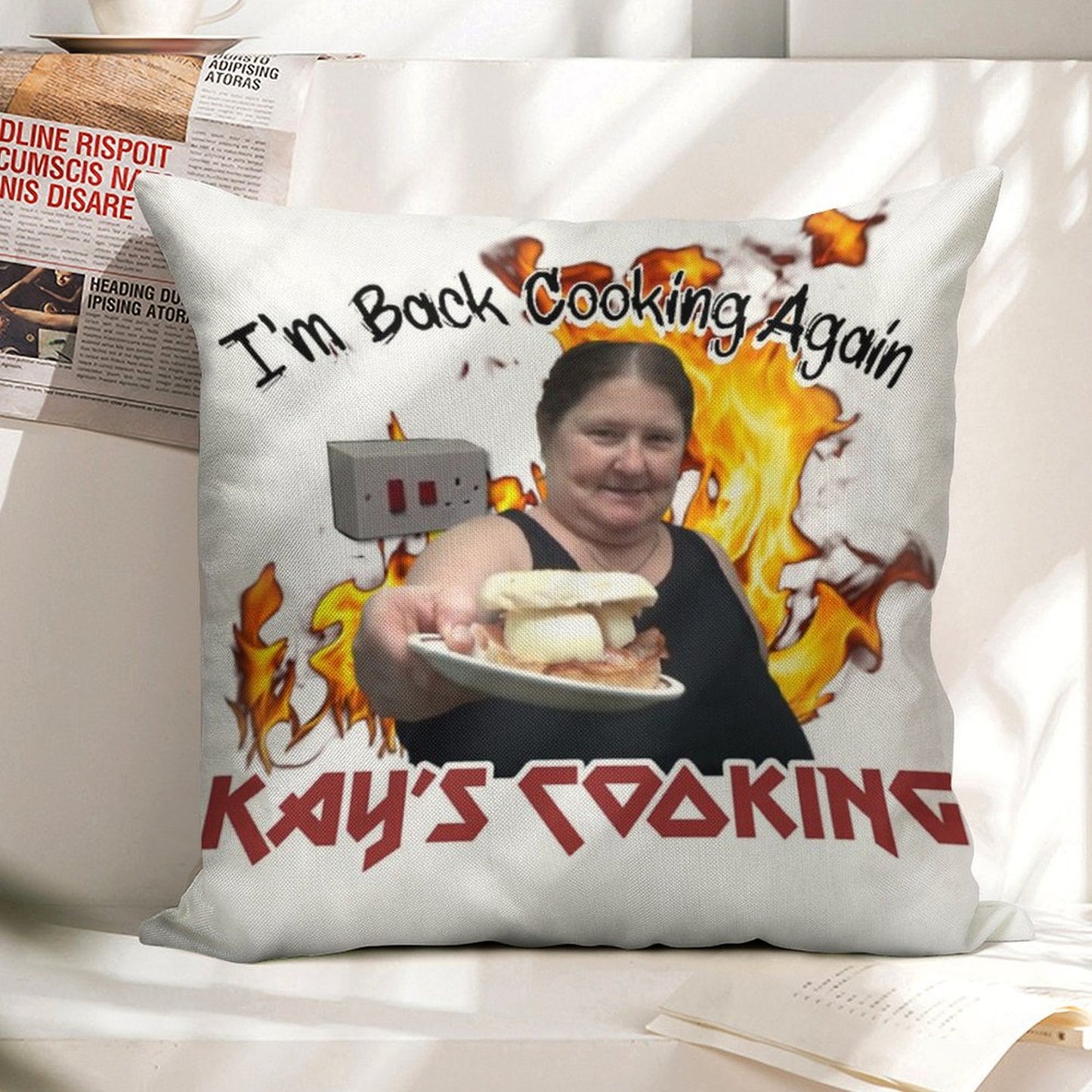 Kay's Cooking - I'm Back Cooking Again Linen Throw Pillow Cover