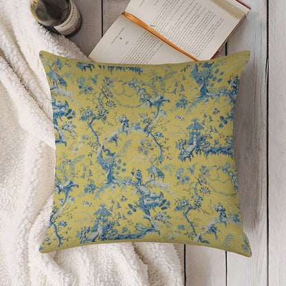 Blue And Yellow Toile Linen Throw Pillow Cover