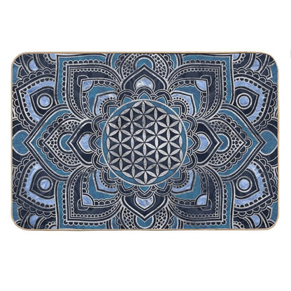 Flower of Life in Lotus Mandala - Blue Crystal And Silver Bath Mat