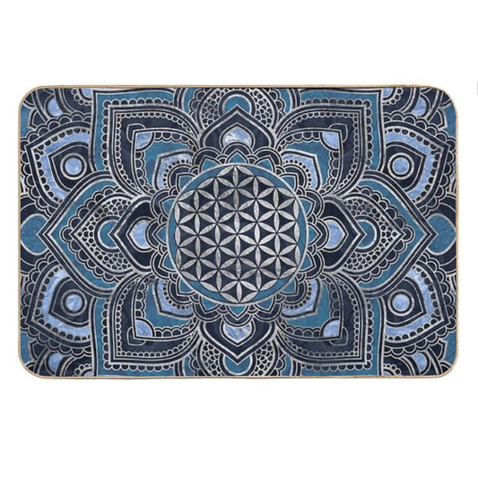 Flower of Life in Lotus Mandala - Blue Crystal And Silver Bath Mat