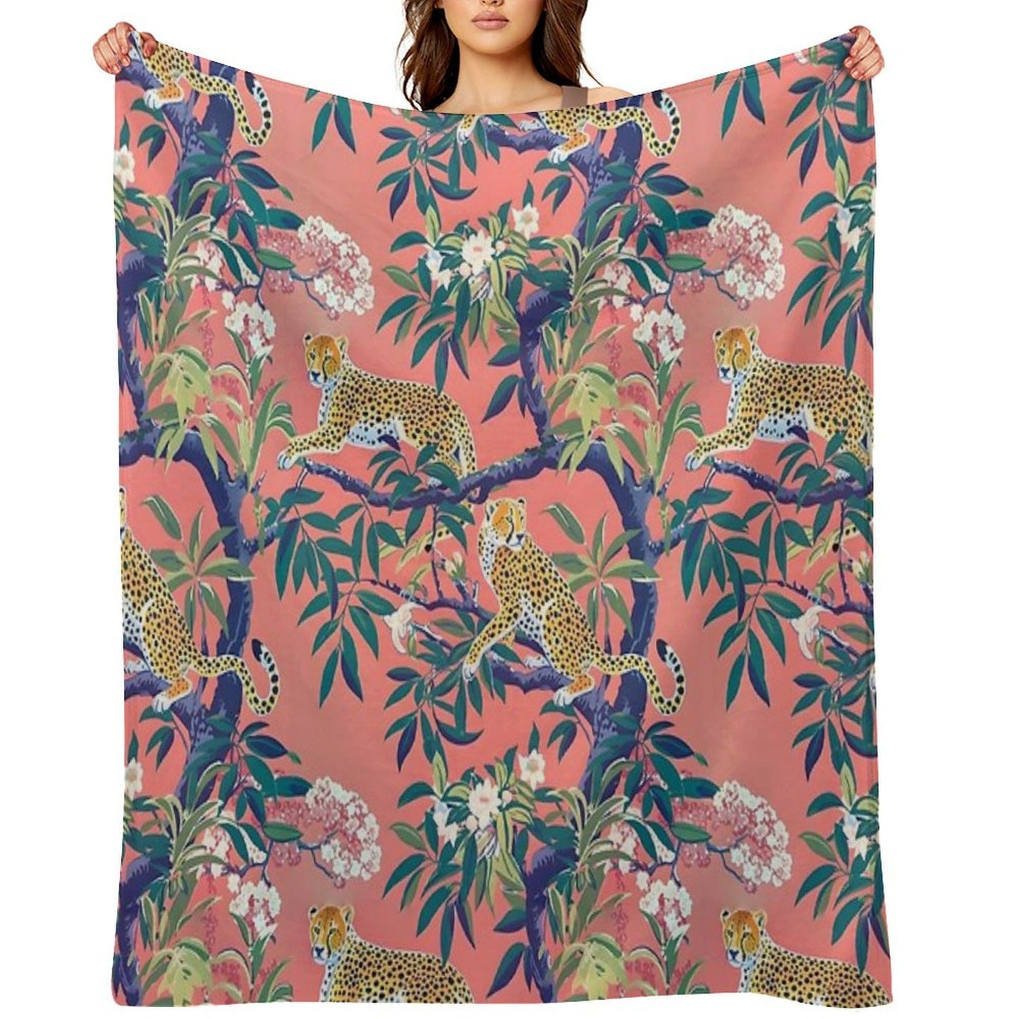 Leopards in Chinoiserie Garden in Blue And Orange Throw Blanket