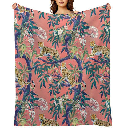 Leopards in Chinoiserie Garden in Blue And Orange Throw Blanket