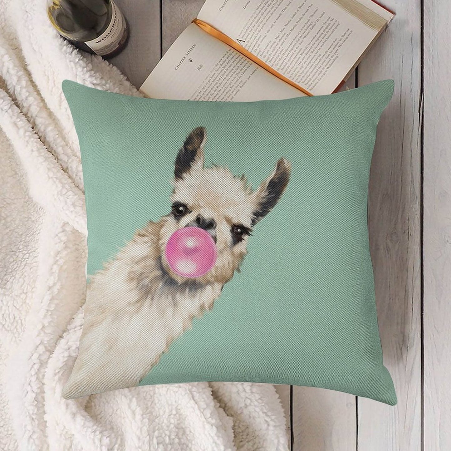 Bubble Gum Sneaky Llama in Green Linen Throw Pillow Cover