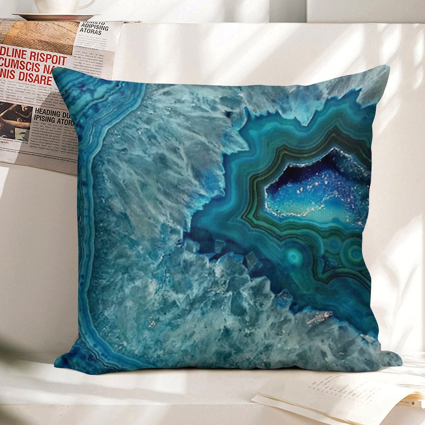Teal Aqua Turquoise Blue Rock Agate Mineral Crystals Pattern Linen Throw Pillow Cover