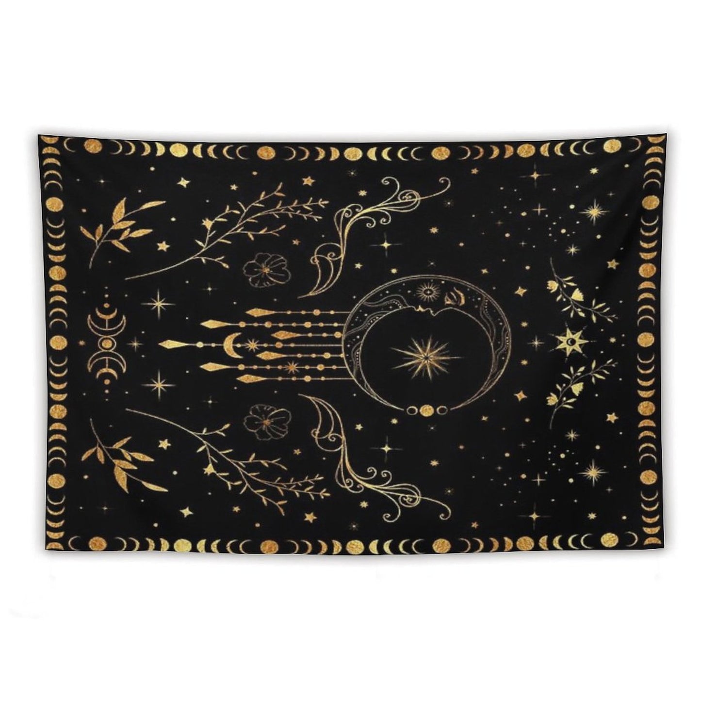 Celestial Crescent Moon with Floral Accents And Moon Phase Tapestry