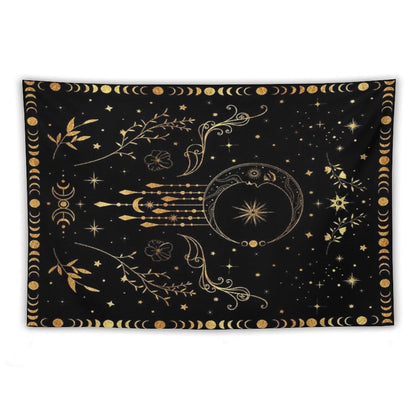 Celestial Crescent Moon with Floral Accents And Moon Phase Tapestry