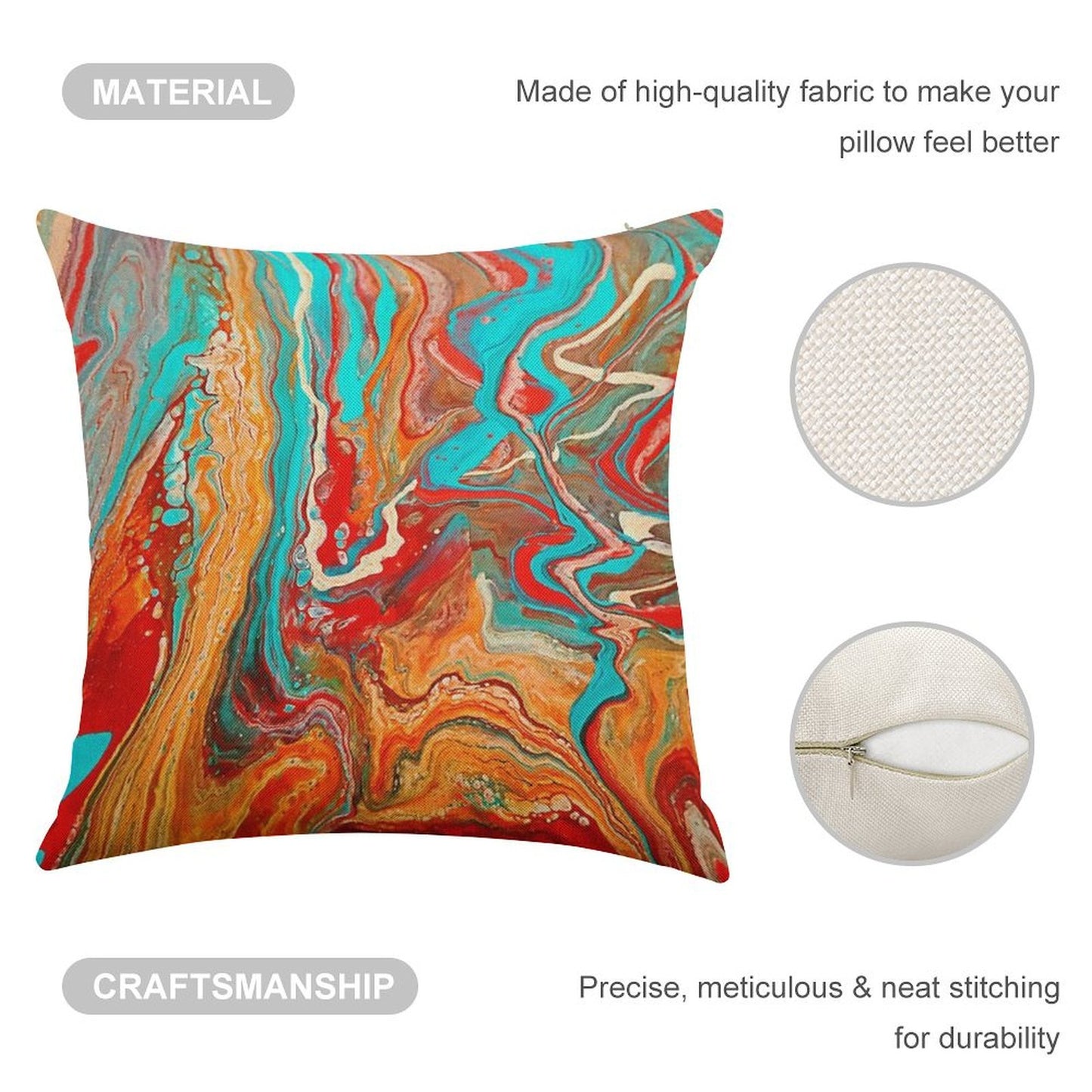 Red Orange Teal Paint Pour Linen Throw Pillow Cover