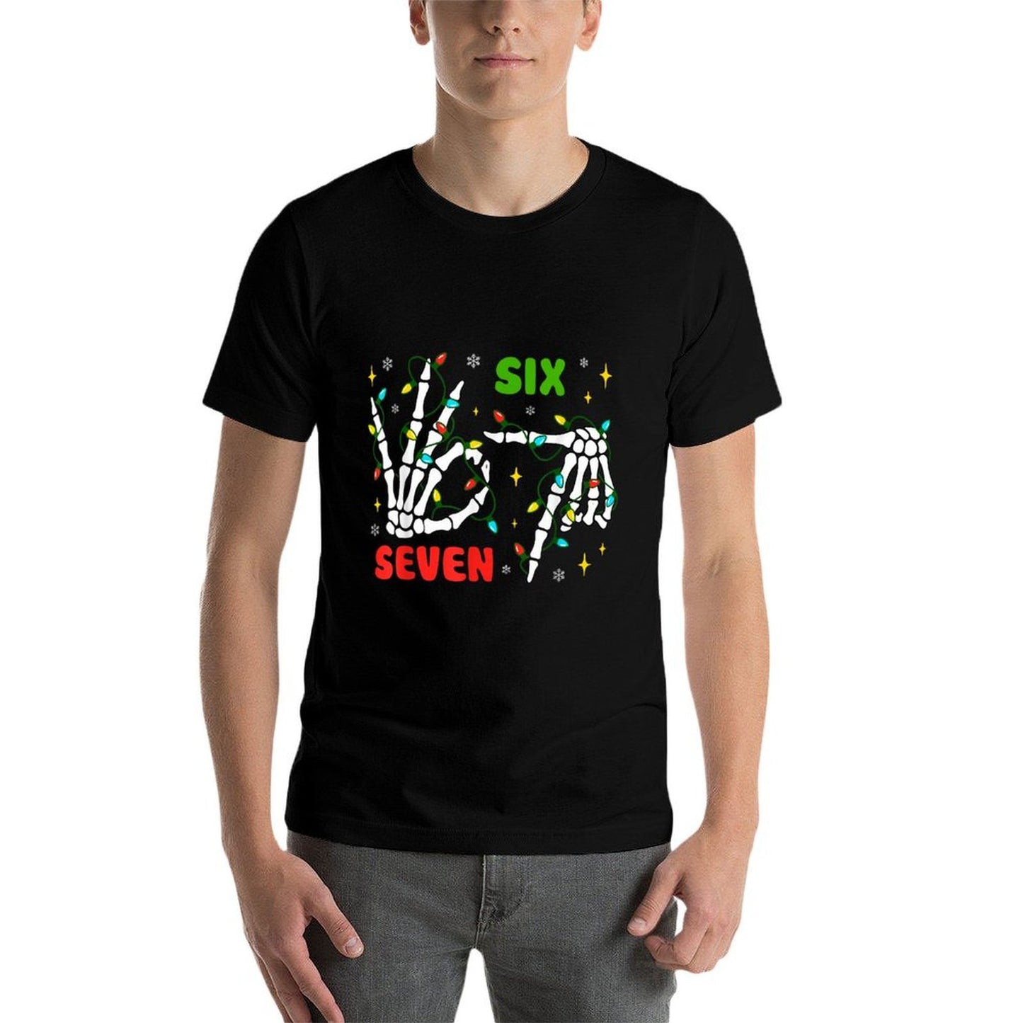 Funny Xmas 67 Skeleton Hand Six Seven Meme Christmas Lights  Fade-proof Color T-Shirt