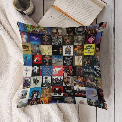 Retro Album Cover Collage Linen Throw Pillow Cover